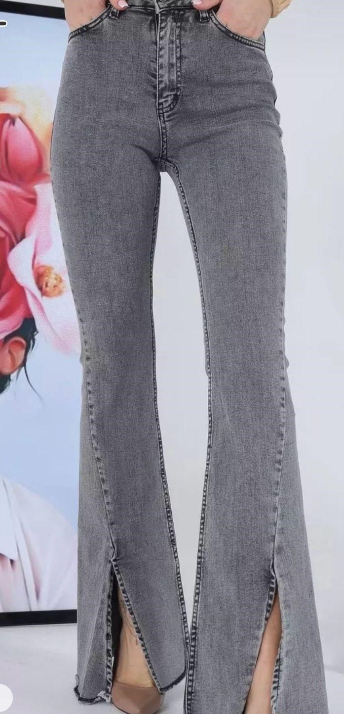Gri Yüksek Bel Yırtmaçlı Kadın İspanyol Paça Jean Pantolon