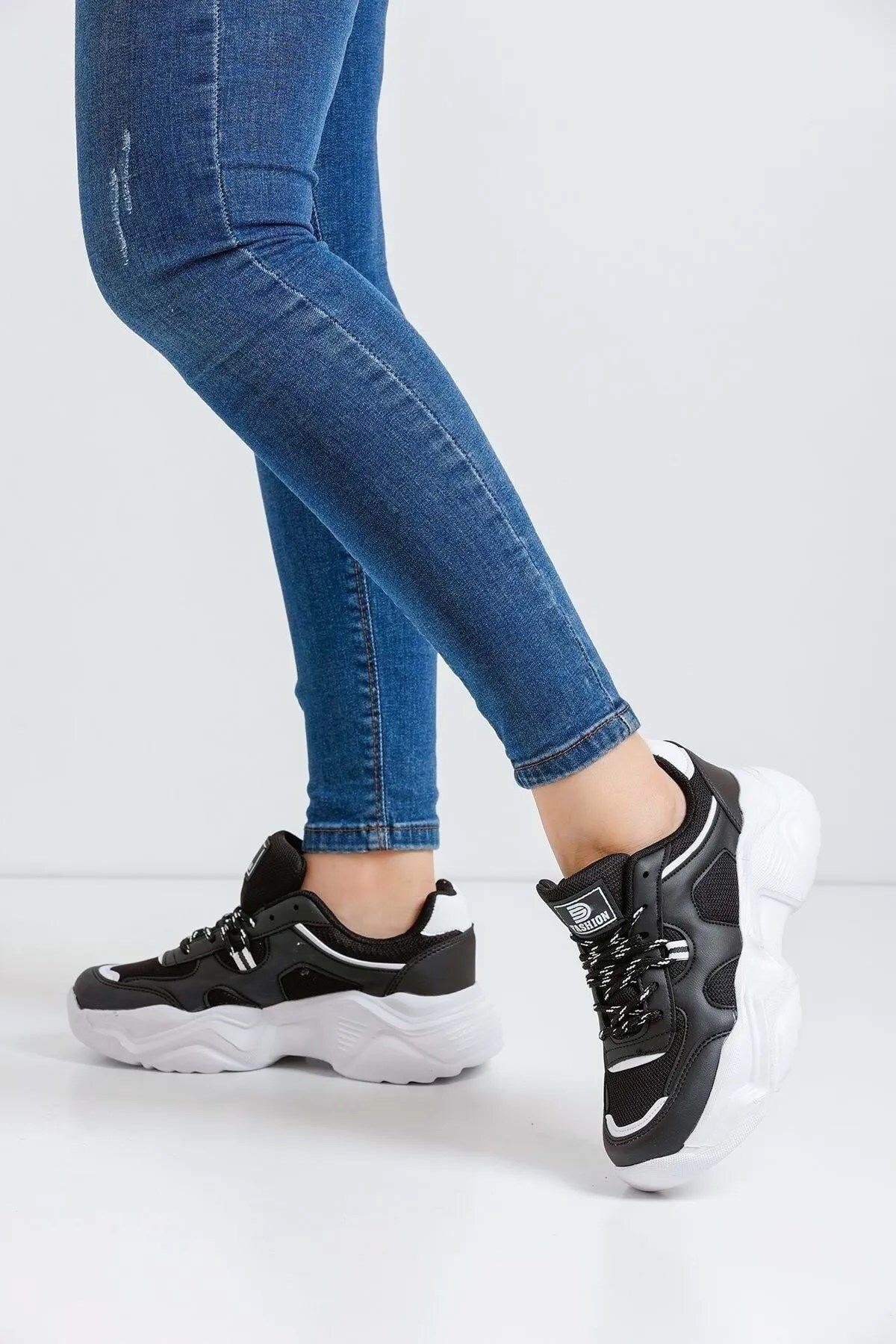 Siyah Rahat Kalın Taban Kadın Sneaker Spor Ayakkabı